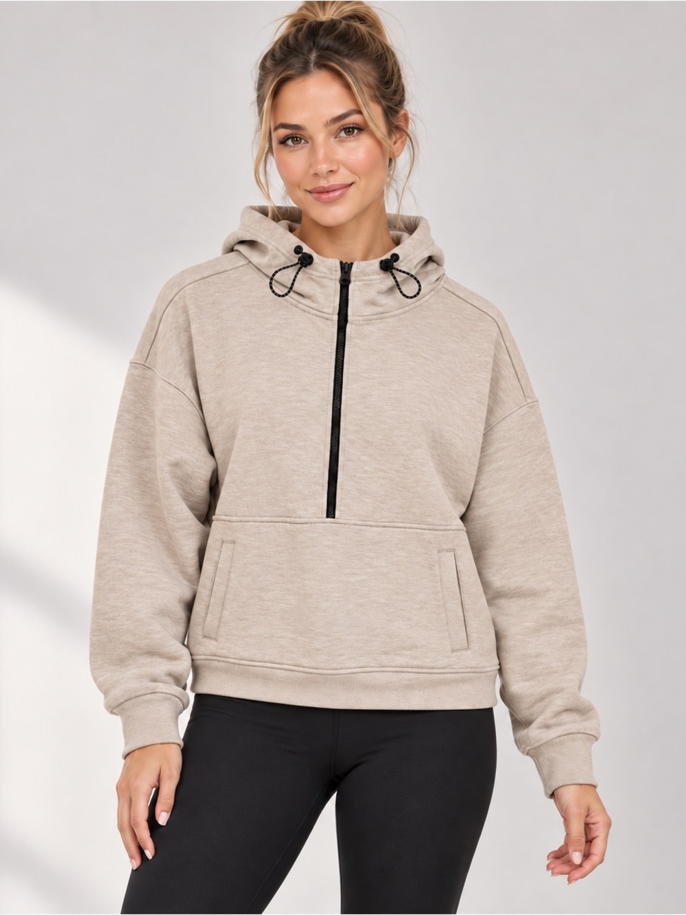Zella Cream Half Zip Hoodie 100% Cotton Pullover Kangaroo Pocket S